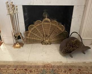 Brass fireplace fan, tools and log basket