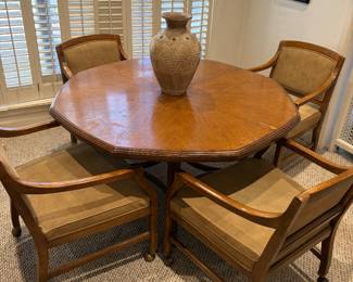 MCM Solid Wood Card Table, Four rolling veranda chairs
