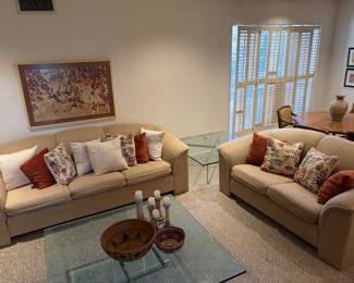 Sofa & Love Seat. Vintage Milo Baughman style glass top & base coffee table. Very Heavy