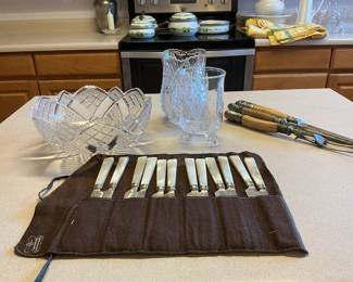 Mother of pearl vintage spreaders - vintage spooners and glass 