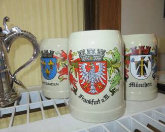 Vintage German Coats of Arms Stoneware Beer Steins from Wiesbaden, Frankfurt and Munchen