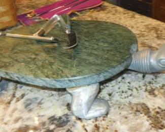 Vintage 1980's Green Marble & Pewter Turtle Cheese Board/Serving Tray