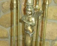 Ornate Antique French Rococo Figural Brass Angel, Lion Head Fireplace Tool Set