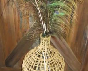 Natural Rattan Floor Vase/Peacock Feathers