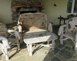 4 Piece Loveseat, Coffee Table & Armchairs Weathered Oversize Root Wood/Driftwood Patio Set 