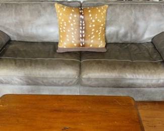 Grey Leather Sofa & Matching Love Seat, Spotted Deer Hide Print Throw Pillow