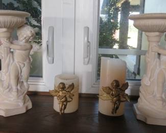 Pair Cherub Candleholder Plantstand Birdfeeder