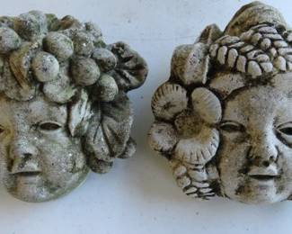 Vintage Bacchus Concrete Stone Carved Cherub Faces Garden Art