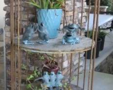 Vintage Charlotte Birdcage Shelf, Potted Plants, Frog Figurines