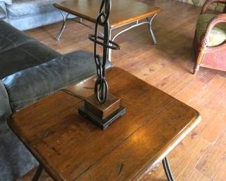 Wooden Wrought Iron Coffee & Matching End Tables, Pair Western Cowboy Iron Chain Link Table Lamps