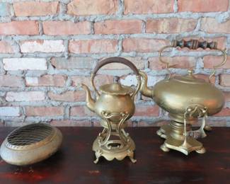 Vintage Brass Flower Frog/Incense Burner & 2 Antique Brass Tipping Spirit Kettles/Teapots on Stands 