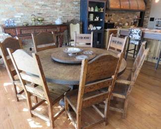 Large Round Rustic Taos Carved Solid Wood Dining Table Set, Lazy Susan Center 
