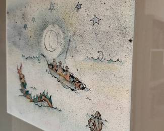 Hand-drawn illustration with boat and sea creature signed Rudzr ? '84