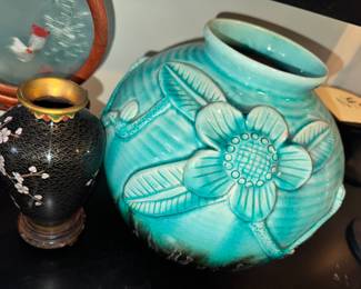 Cloisonne vase and Turquoise Art pottery vase