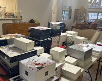 Crystal, Mikasa, Gorham, Belleck pottery, all new in the boxes.