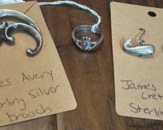 James Avery pin, Claddagh ring & rare retired whale hook earrings 
