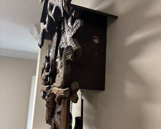 German Cuckoo Clock Bird & Squirrels $300.00  14” w 7” d 21” t needs some work