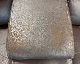 Faux Brown Leather Loveseat recliner w pulls $300.00   74”L 36”d 41”t slight wear on center arm rest/storage.