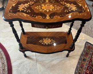 Mid Century Italian Marquetry Hall Table $300.00  27”w 13”d 30.5”t