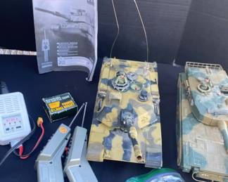 Two RC Battle Tanks With Remotes And Balance Battery Charger