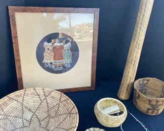 Native American Baskets, Rain Stick, Picture And Necklace