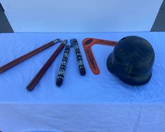 Nunchucks, Boomerang, And Helmet 