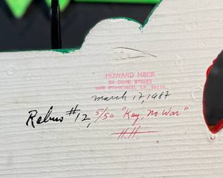 "Key, No War", an original mixed media sculpture by listed artist, Howard Hack. Included is also what appears to be the prototype for this series. Edition 5/50, hand-signed on the verso. Howard Edwin Hack (July 6, 1932 – June 11, 2015) was an American representational painter and graphic artist, with works in numerous museum collections. Known for an innovative approach to a variety of media, as well as use of traditional oil paints, Hack began working in the late 1940s.

