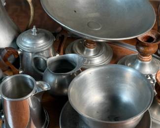 This lot features a pewter coffee & tea service set with various items manufactured by Stede, Stieff, & Royal Holland Pewter.

