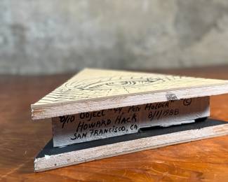 "Object #44, Pen Holder", an original mixed media sculpture by listed artist, Howard Hack circa 1988. Howard Edwin Hack (July 6, 1932 – June 11, 2015) was an American representational painter and graphic artist, with works in numerous museum collections. Known for an innovative approach to a variety of media, as well as use of traditional oil paints, Hack began working in the late 1940s.

