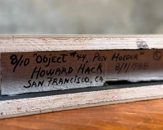 "Object #44, Pen Holder", an original mixed media sculpture by listed artist, Howard Hack circa 1988. Howard Edwin Hack (July 6, 1932 – June 11, 2015) was an American representational painter and graphic artist, with works in numerous museum collections. Known for an innovative approach to a variety of media, as well as use of traditional oil paints, Hack began working in the late 1940s.

