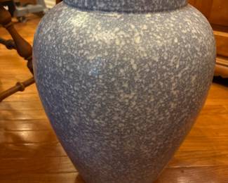 Robinson Ransbottom blue sponge ware oil jar, 16” height 