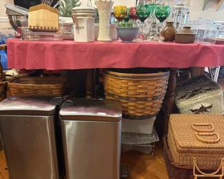 Pair of Stainless Steel trash/recycling bins, classic (huge!) Longaberger corn basket with liner, apothecary jars and bottles,  Bohemian cut to clear wine glasses. So many treasures, both functional and beautiful!