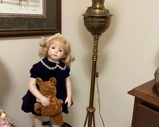 Fenton Piano lamp and beautiful vintage doll!