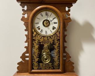 E. N. Welch Mfg Co “Colby Wringer” circa 1883 black walnut case wall clock