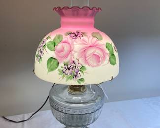 Gone With The Wind parlor-style electric hurricane lamp with a Greek Key pattern glass base, 8” wide shade, 23” to the top of the chimney