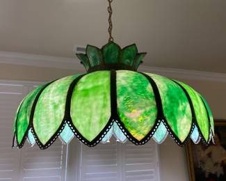 Antique Slag Glass Tiffany-style hanging lamp, approximately 25” wide