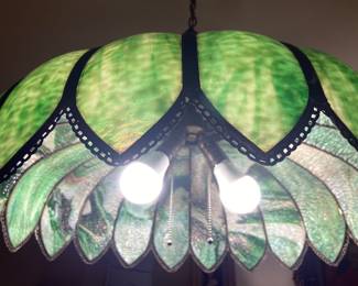 Antique Slag Glass Tiffany-style hanging lamp, approximately 25” wide