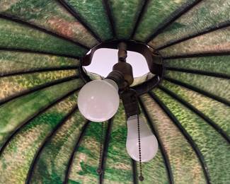 Antique Slag Glass Tiffany-style hanging lamp, approximately 25” wide