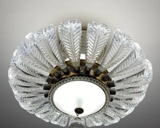 Art Deco old cflush mount ceiling lamp, crystal "feathers"