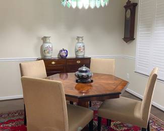 Century pedestal dining table, without leaf, showing 4 of 6 chairs, 46” x 46” without leaf, chairs sold separately 