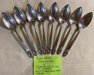 Royal Danish Sterling 1930 by International Silver, set of 8 fruit/orange spoons, 7.53 Troy ounces