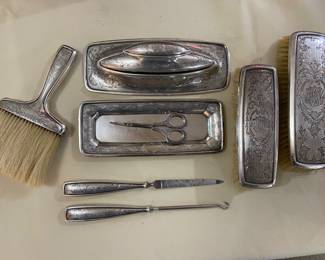 Lovely Gorham sterling silver marked 10 B dresser set with monograms!  Tray weight 2.7 out and tray under lint brush weight 4.03 ozt