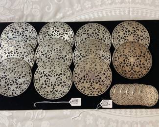 Sterling silver overlay on glass trivets by Webster, 10 w/out monograms, & set of 6 sterling overlay Webster coasters, sold separately 
