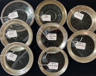 Assorted Sterling and glass bottle coasters