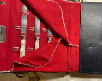 Vintage Mother-of-Pearl handled knives with original tarnish-resistant holder