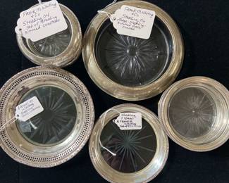 Frank M Whiting Sterling and glass bottle and glass coasters