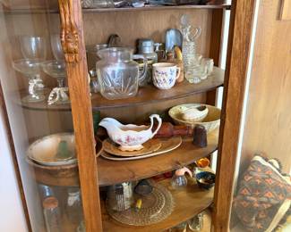 Curio cabinet, antique stereoscope, vintage kitchenwares 