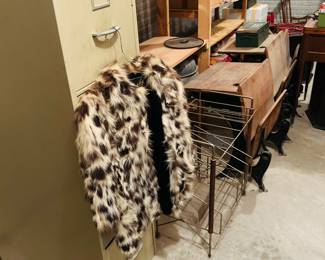 Fur jacket, antique school desks, file cabinet 
