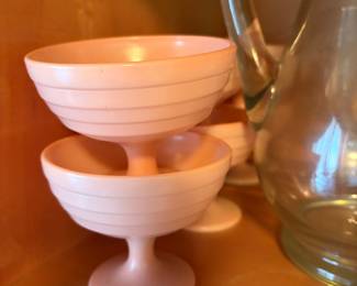 Vintage Hazel-Atlas Moderntone Platonite pastel pink dessert dishes. 
