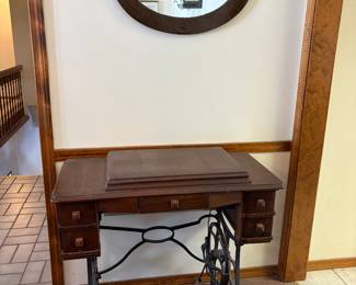 Treadle sewing machine, antique mirror